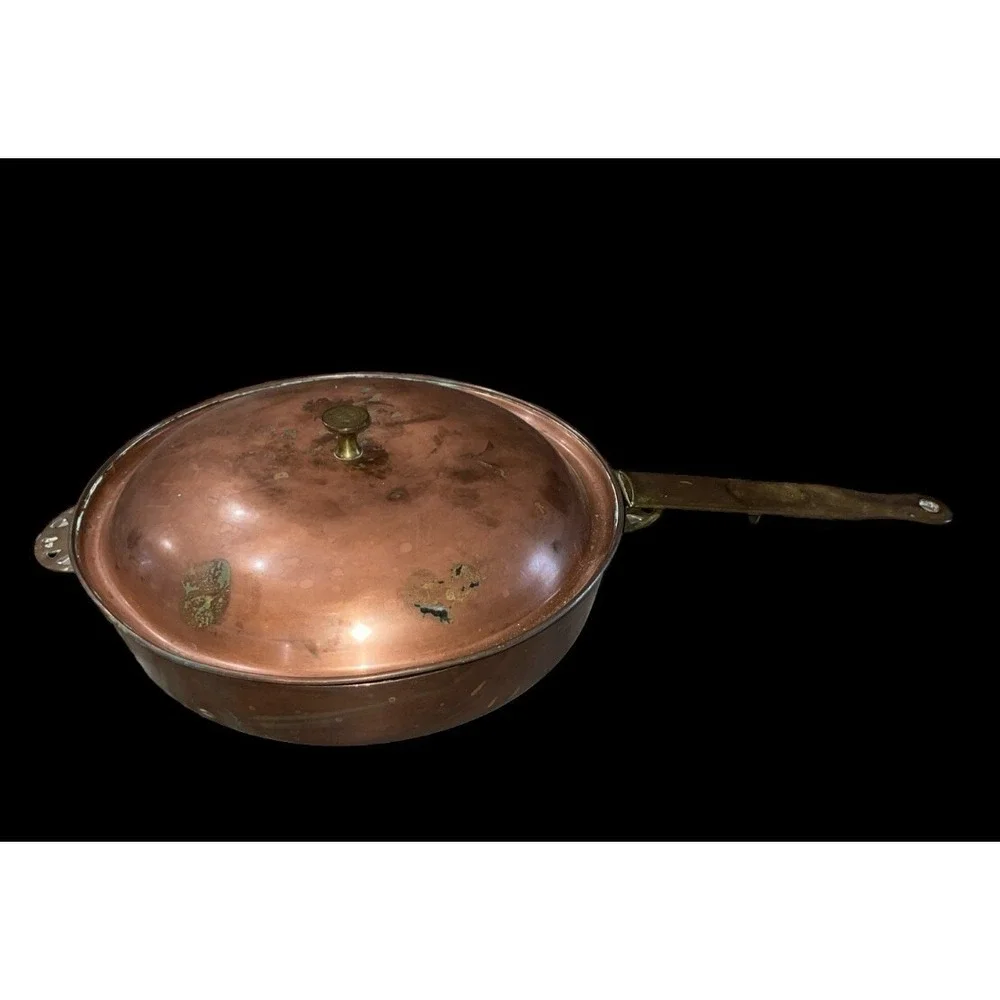 Vtg Copper Fry Skillet Pan Brass Handles 10 Inch Patina Farmhouse Decoration